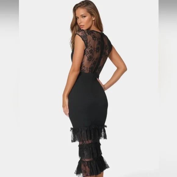 Bebe Tiered Lace Elegant Midi  Dress Color Black Size Large - Picture 4 of 8